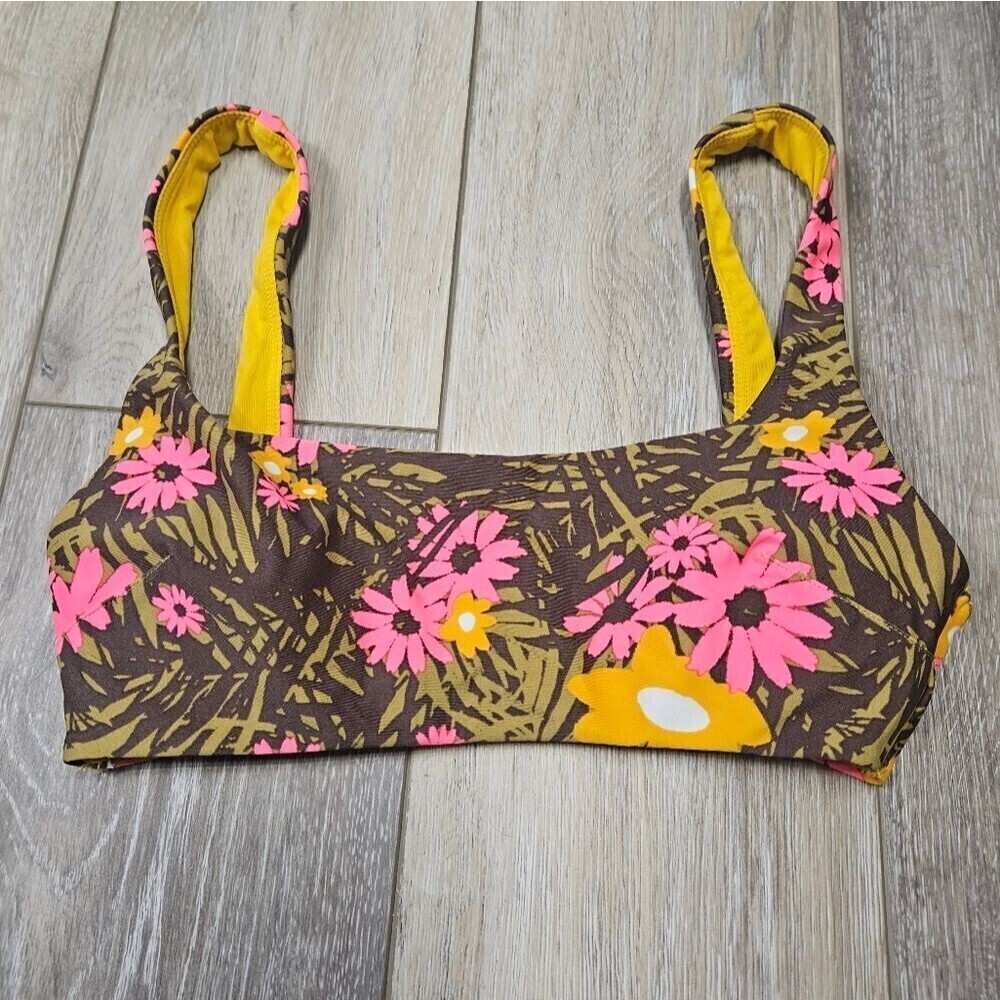 Aerie Floral Scoop Neck Bralett Bikini Top Yellow Pink Removable Pads Women's XS